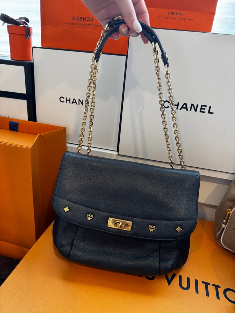 MCM Black Leather Chain-Handle Shoulder Bag